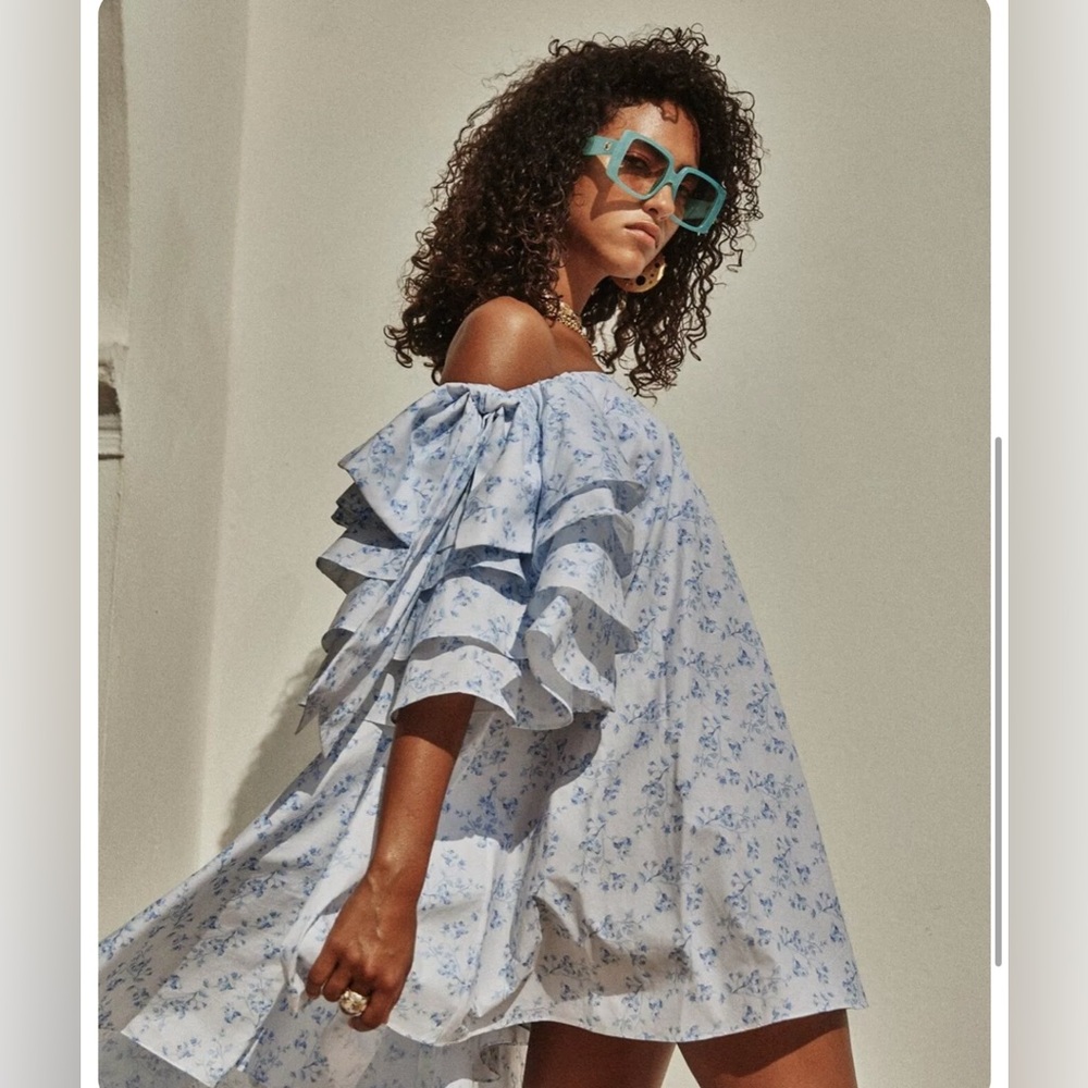 NEW CAROLINE CONSTAS Fiona Dress Blue Off the Shoulder High Low Ruffle M